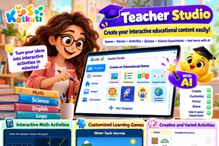 Un maestro y Katkuti presentando un juego de aprendizaje en Teacher Studio