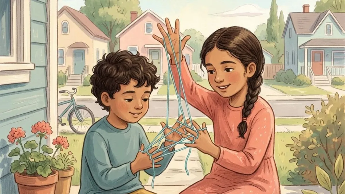 Twee kinderen die een katjeswieg-spel met touw maken