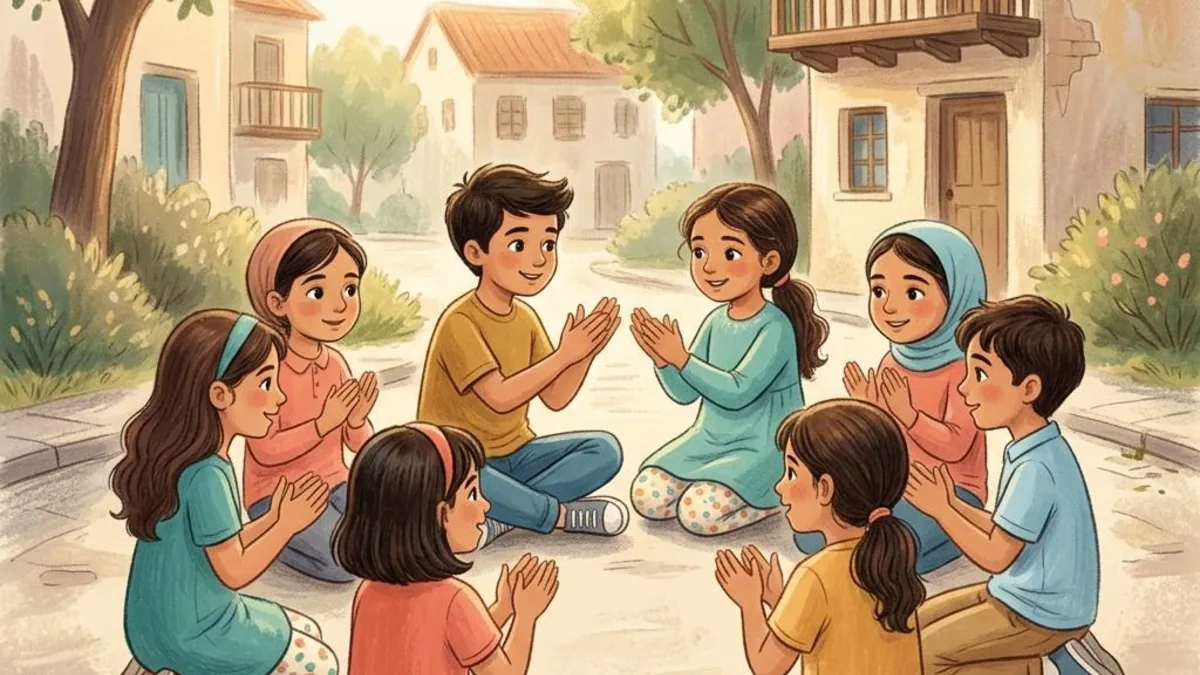 Children in a circle playing a hand-clapping spel
