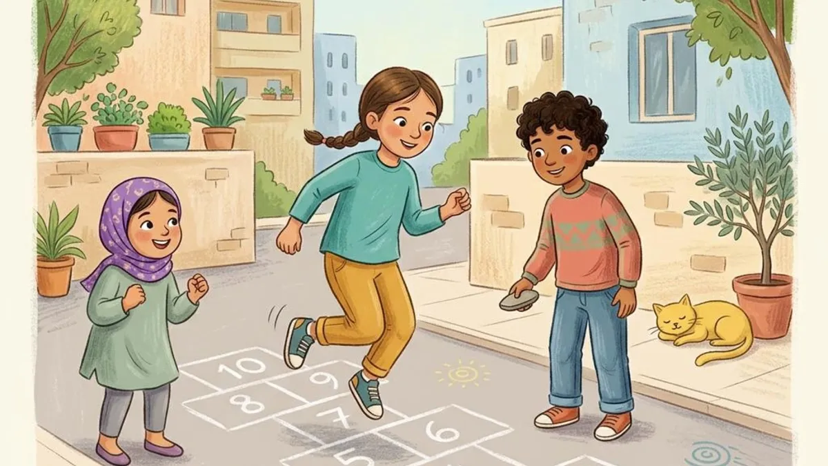 Kinderen die door een hinkelveld springen