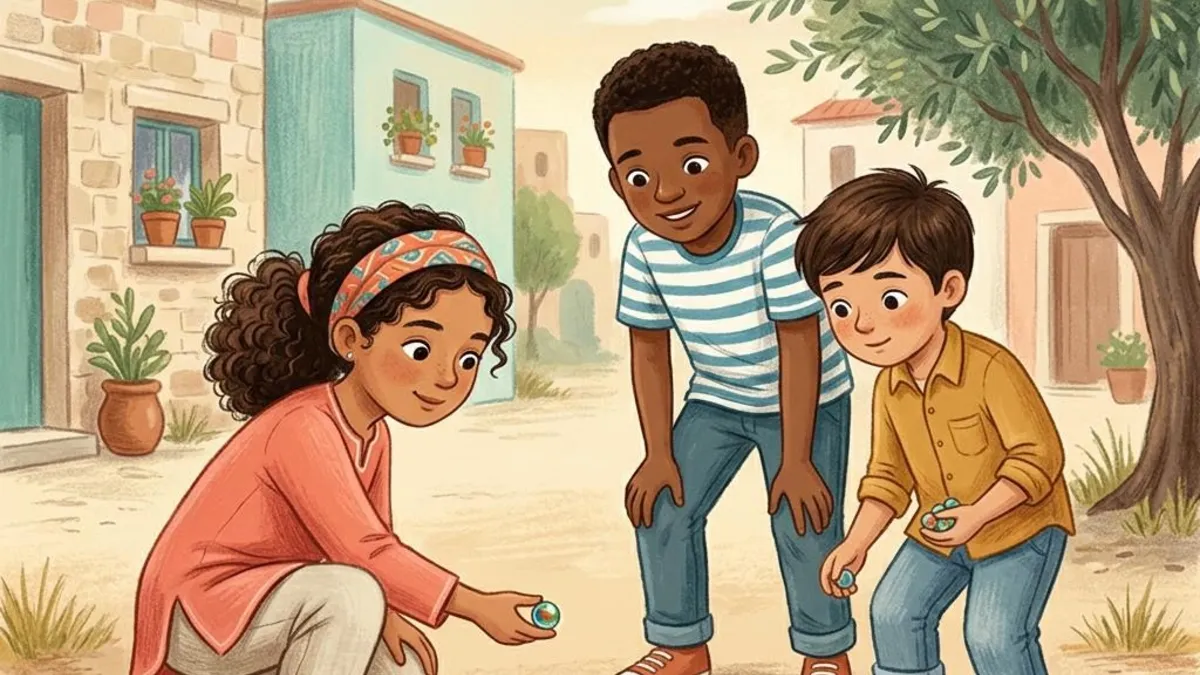 Kinderen die met kleurrijke glazen knikkers spelen