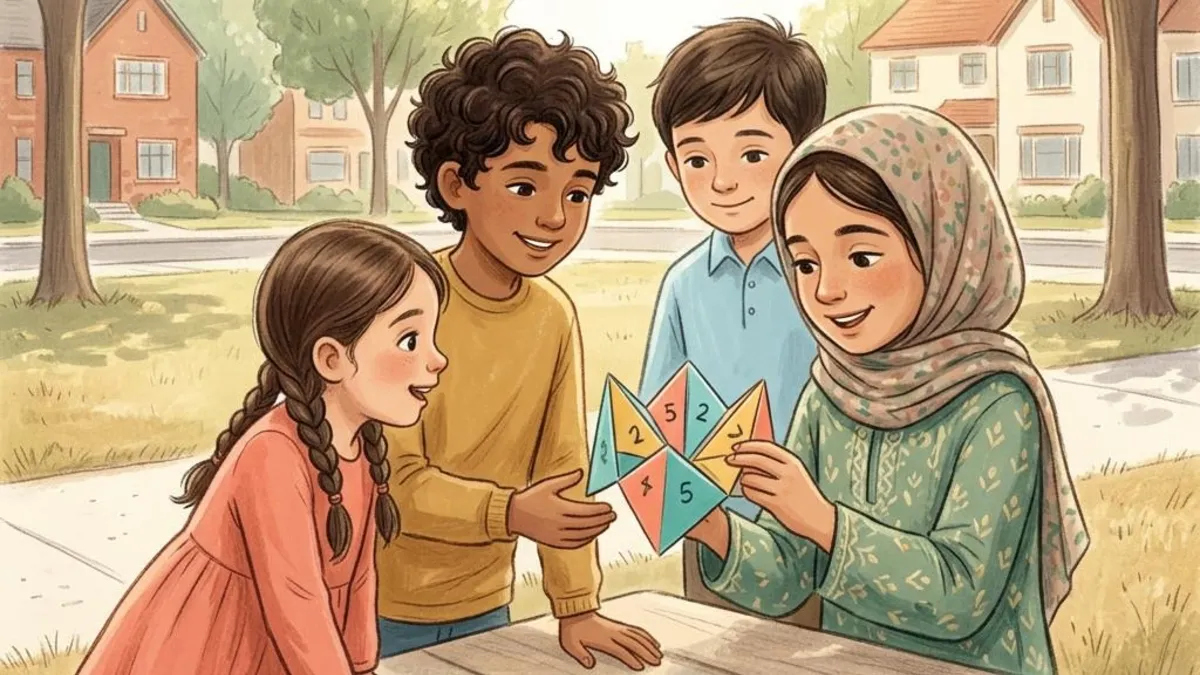Kinderen die met een kleurrijke papieren fortuinverteller spelen