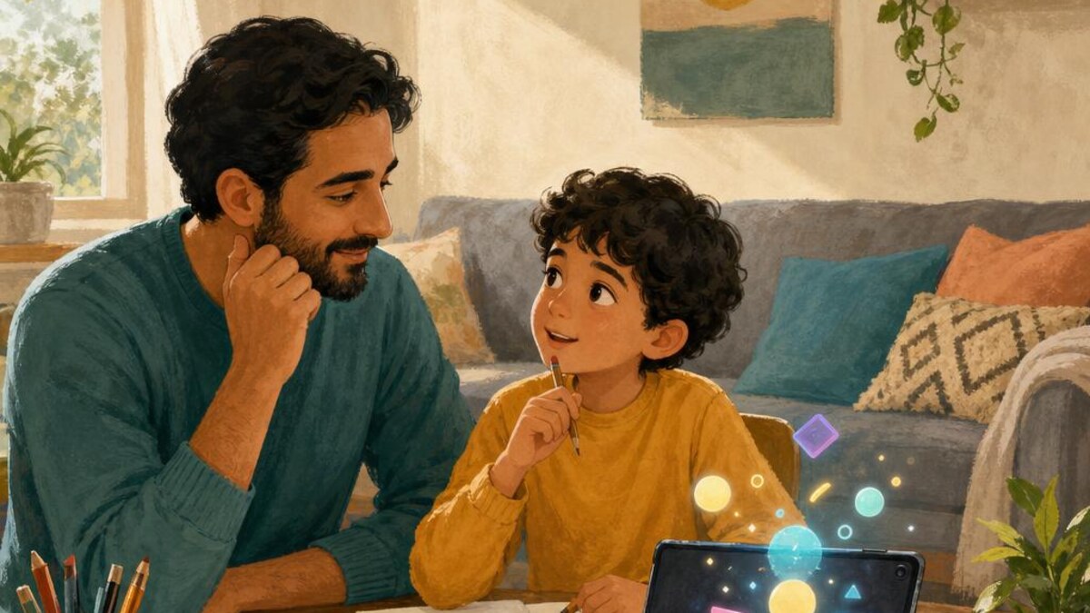 أم وطفل يتحدثان عن أداة رقمية بينما يرسم الطفل أفكاره على ورقة