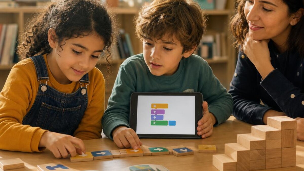 طفلان يرتبان قطع أوامر برمجية بجوار جهاز لوحي بإرشاد معلمة
